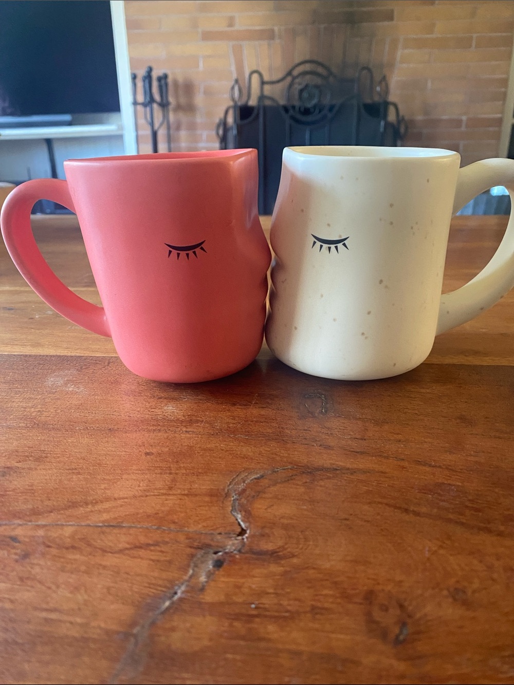 The Kissing Mugs Set, Uncommon Goods - Coral and Speckled Cream